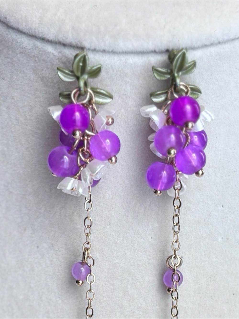 Grape Cluster Drop Floral Dangle Earrings - Picture 2 of 6